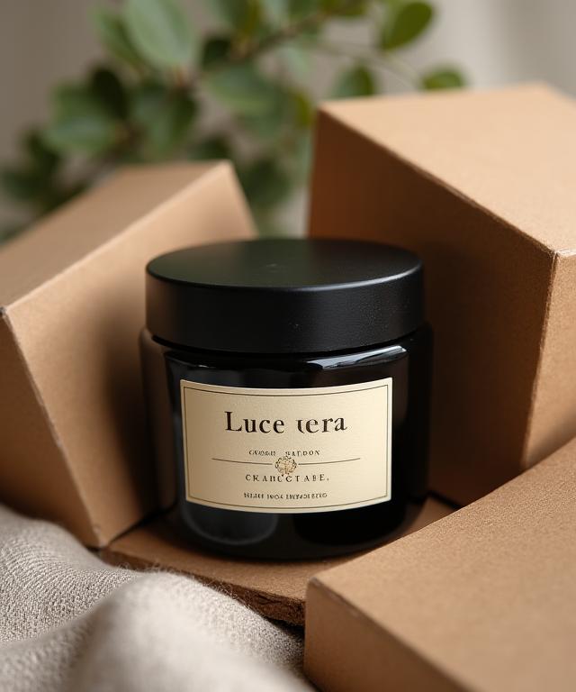 Vasetto di crema Luce Nera con confezione in cartone riciclato su sfondo naturale